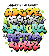 Multicolored comic style graffiti alphabet. Editable vector font
