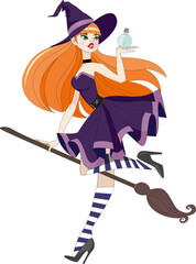 young red-haired girl witch with a broom 