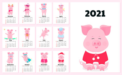 Obraz premium Calendar for 2021 from Sunday to Saturday. Cute cartoon pigs