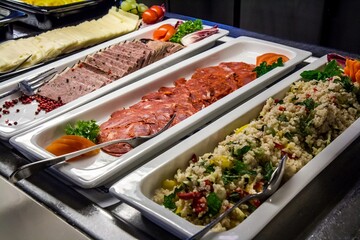 Serving bowls with delicious ham and meat and steamed vegetables with rice at buffet lunch.