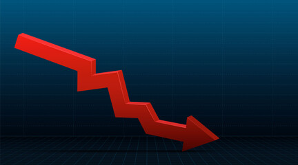 The arrow depicting the concept of loss. A fall in a stock or financial market with an arrow representing it indicates a loss of money. Vector illustration.