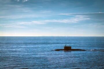 HELSINKI, FINLAND - OCTOBER 5, 2018: Naval diesel-electric attack submarine Varshavyanka in Baltic sea.