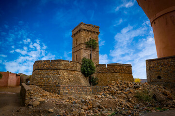 Abandoned castle ruins and towers in Tanant, Morocco on the way to Tichka high mountainous pass.