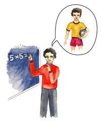 Children's dreams. A schoolboy dreaming to play football after school. A boy dreaming to become a soccer. Watercolor hand painted illustration isolated on white background. Vacation of people. 