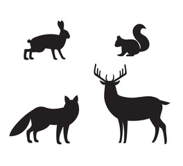 Forest animals silhouette set: fox, deer, hare, squirrel isolated on white background. Scandinavian design style. Vector illustration of wild animals