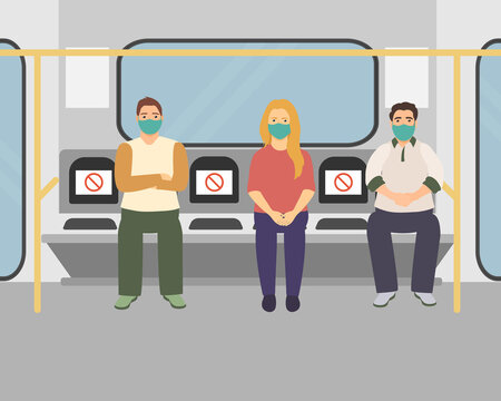 people in medical masks sitting in the subway at a safe distance, the concept of social distance. flat vector illustration