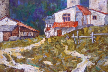 Landscape with the old rustic houses, with paths and wooden fence, highland village. Oil painting on canvas