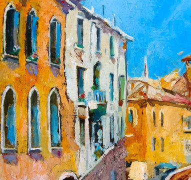 Fototapeta Beautiful bright old buildings, painted in yellow and white on the streets of a medieval city, with saturated blue sky in the background. Oil painting on canvas.