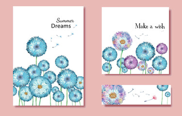 Template or design for greeting cards or invitations and bookmark with multi-colored watercolor hand-drawn dandelions and flying blown dandelion seeds. Text make a wish and Summer dream