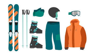 Ski equipment kit clothes vector illustration. Extreme winter sport. Set skis and ski poles. vacation, activity or travel equipment sport mountain cold recreation. - obrazy, fototapety, plakaty