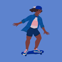 Girl riding skate isolated vector. Dark skinned plump woman in male clothes doing skateboarding with smile on her face. Flat style vector illustration for card, poster or web.
