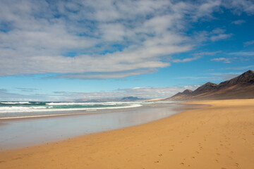 Famous Cofete beach, Fuerteventura Island. Yellow sand under blue sky. High mountains in the background. 