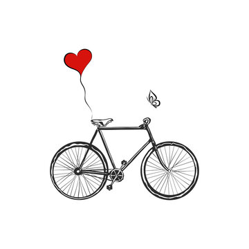 bicycle with heart balloons over sky. vector illustration isolated on white background