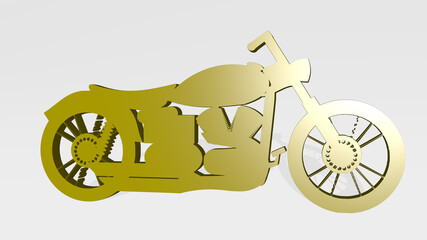 motorcycle made by 3D illustration of a shiny metallic sculpture on a wall with light background. vintage and editorial