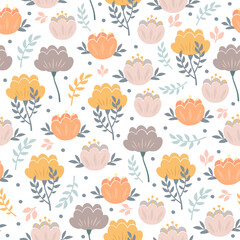 Vector seamless pattern with flowers, and plants. Delicate pastel colors, suitable for textile, packaging, background