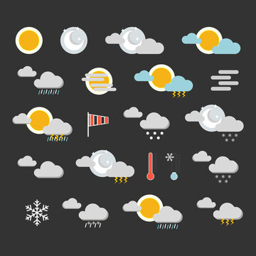 Colorful weather icons set. Hand drawn weather forecast design elements isolated on white background. Contains icons of the sun, clouds, snowflakes, storms, wind, rain, and more.