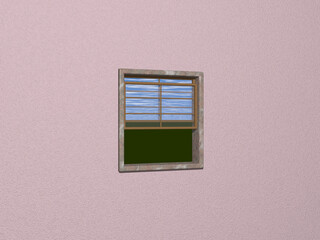 Open sash window from pink wall viewing outside lawn with cloudy sky. sone frame and wooden window 3D render