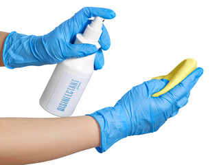 Disinfection during a coronavirus pandemic. Prevention of covid-19. Hands with a disinfectant isolated on a white.