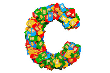 Letter C from colored SIM cards, 3D rendering