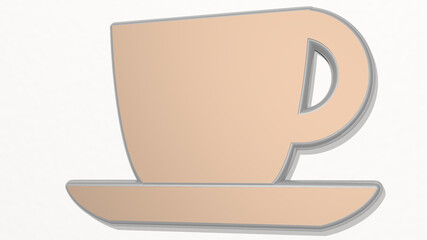 cup of coffee on the wall. 3D illustration of metallic sculpture over a white background with mild texture. business and isolated