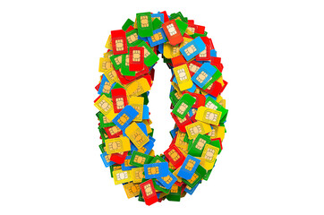 Number 0 from colored SIM cards, 3D rendering