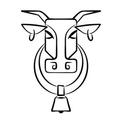 Vector image of the head of a cow with rings in the ears and a bell in the neck. Logo. Isolated cow head on a white background. Abstract animal