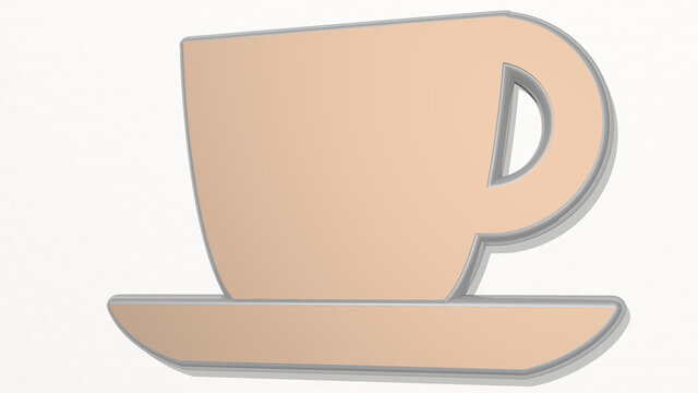 cup of coffee on the wall. 3D illustration of metallic sculpture over a white background with mild texture. business and isolated