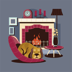 Pet dog sleeping by the fireplace