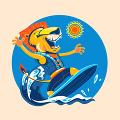 Fototapeta na wymiar Lion surfing at beach for enjoy the summer time. Surf time