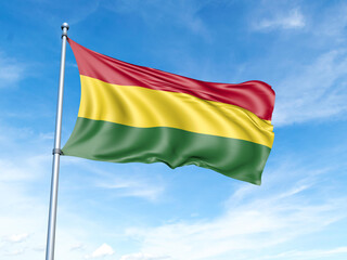 Bolivia flag on a pole against a blue sky background.