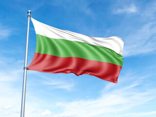 Naklejka na ściany i meble Bulgaria flag on a pole against a blue sky background.