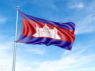 Cambodia flag on a pole against a blue sky background.