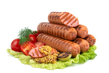 delicious grilled sausages,cherry tomatoes,dill, fried garlic, mustard sauce on a lettuce leaf, close-up, isolated white background