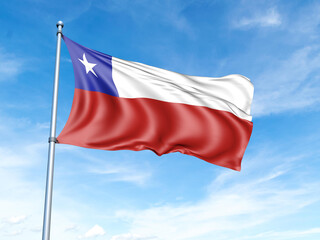 Chile flag on a pole against a blue sky background.