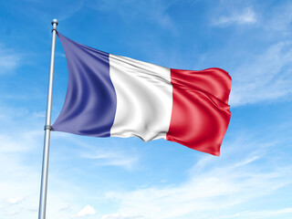 Naklejka na ściany i meble France flag on a pole against a blue sky background.