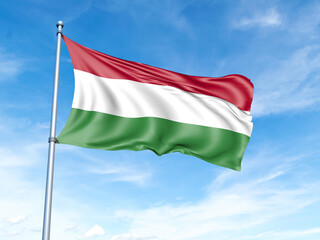 Naklejka na ściany i meble Hungary flag on a pole against a blue sky background.