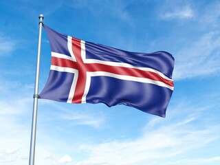 Iceland flag on a pole against a blue sky background.