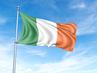 Naklejka na ściany i meble Ireland flag on a pole against a blue sky background.