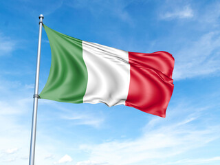 Italy flag on a pole against a blue sky background.