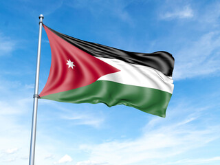 Jordan flag on a pole against a blue sky background.