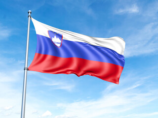 Fototapeta na wymiar Slovenia flag on a pole against a blue sky background.