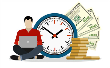 Businessman sitting working near big clock and money. Time is money business concept in modern flat design vector illustration