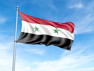 Syria flag on a pole against a blue sky background.