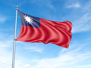 Taiwan flag on a pole against a blue sky background.