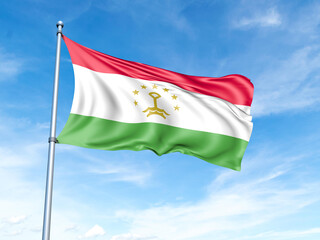 Fototapeta na wymiar Tajikistan flag on a pole against a blue sky background.