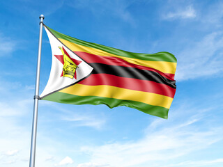 Zimbabwe flag on a pole against a blue sky background.
