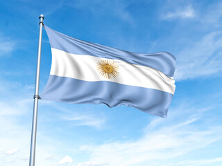 Argentina flag on a pole against a blue sky background.
