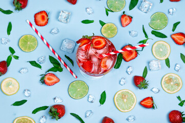 Refreshing cocktail drink flat lay on colorful pattern summer fruit background.