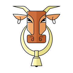Vector image of the head of a cow with rings in the ears and a bell in the neck. Isolated cow on a white background. Abstract animal