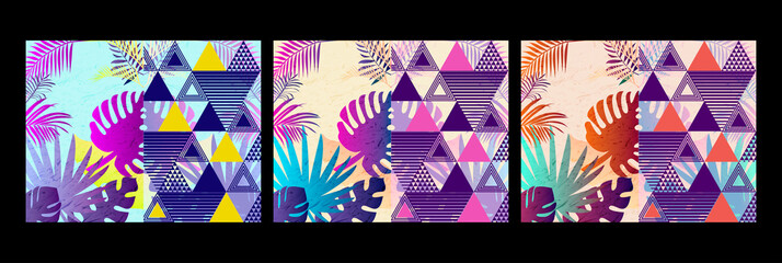 abstract creative universal art patterns of tropical flowers and leaves on geometric shapes. Good for poster, postcard, invitation, flyer, cover, banner, poster, brochure and other graphic design.

